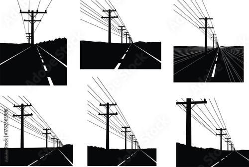 Flat vector silhouette of utility poles with power lines along road perspective, electricity infrastructure, depth illustration, urban landscape graphic