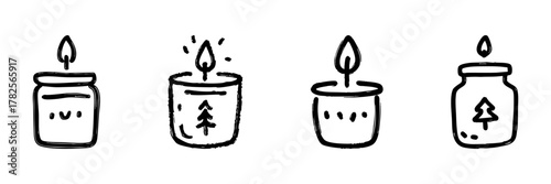 Candle Jar Line Icon Set In Doodle Style. Cozy Ambiance, Aromatherapy, And Home Decor Outline Sketch Collection. Hand Drawn Isolated Vector Illustration