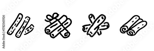 Cinnamon Sticks Line Icon Set In Doodle Style. Aromatic Spice, Culinary Ingredient, And Flavoring Outline Sketch Collection. Hand Drawn Isolated Vector Illustration