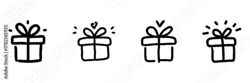 Gift Box Line Icon Set In Doodle Style. Celebration, Surprise, And Gift Giving Outline Sketch Collection. Festive And Holiday Theme. Hand Drawn Isolated Vector Illustration