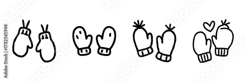 Mittens Line Icon Set In Doodle Style. Winter Warmth, Comfort, And Seasonal Fashion Outline Sketch Collection. Cozy And Heartwarming Design. Hand Drawn Isolated Vector Illustration