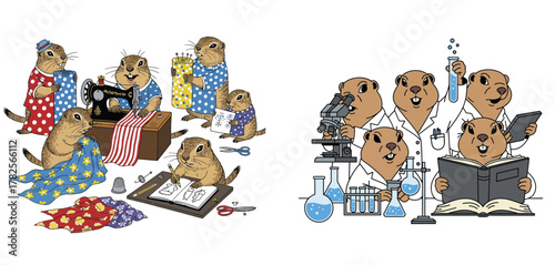 Cute prairie dogs engaged in sewing and scientific research activities.