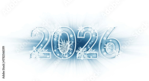 Icy blue numbers 2026 with snowflakes and light rays, representing winter and the new year