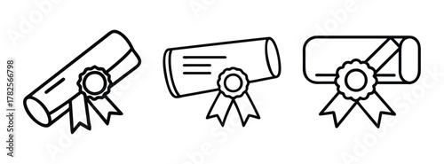 Vector illustration of graduation diploma certificate degree scroll with ribbon outline drawing