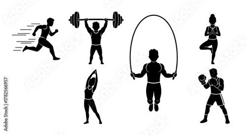 Six different style illustration and white background funny illustration cartoon fitness moves in pure black silhouette. Includes running, yoga, rope jump, boxing and stretching.Ideal for gym branding