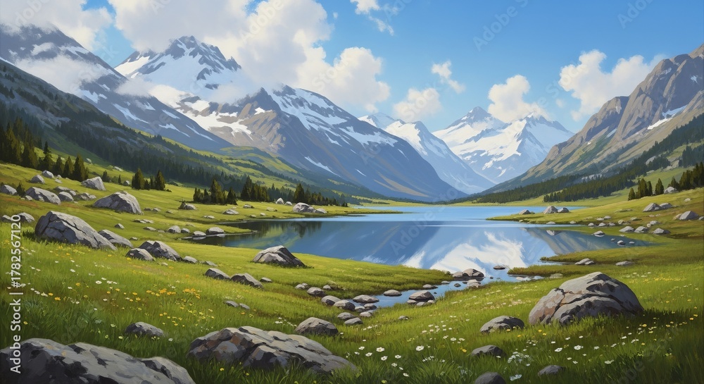 Fototapeta premium Scenic Mountain Lake with Green Meadow and Snow-capped Peaks Under Blue Sky