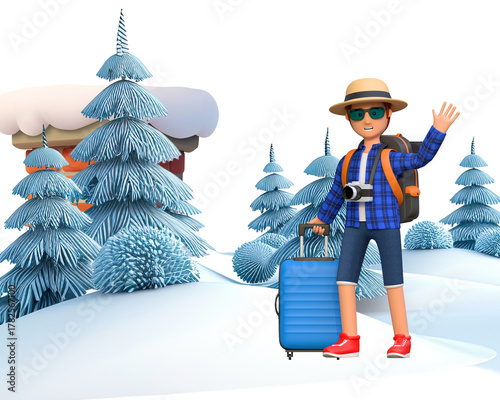 3D Switzerland traveler exploring scenic alpine hotel resort with luggage and camera