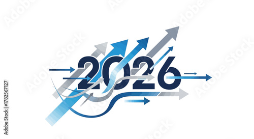 The year 2026 represented by bold numbers with upward trending arrows and lines, symbolizing growth and progress