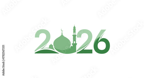 Stylized arabic numerals for the year 2026, incorporating green mosque silhouette and subtle landscape elements, representing islamic culture and future aspirations