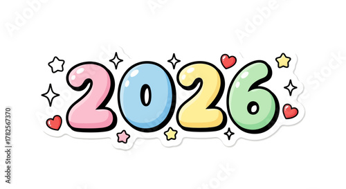 The year 2026 in cute, cartoonish style with pastel colors and stars