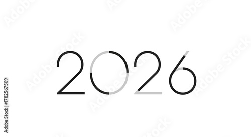 Minimalist representation the year 2026 with clean lines and modern aesthetic, featuring unique design where parts the numbers are incomplete or in different color, isolated on