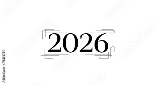 The year 2026 elegantly displayed with decorative lines, isolated on