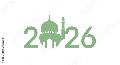 The year 2026 creatively represented with green mosque silhouette, symbolizing islamic culture and future events, isolated on