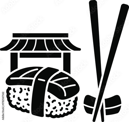 Simple sushi icon with chopsticks and japanese stall