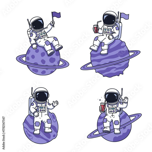 Astronauts on Planets with Flags and Drinks Cartoon Illustration Set.