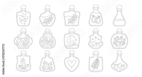 Collection of Grey Line Art Bottles with Nature and Celestial Designs