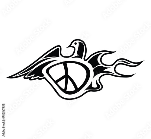 A stylized black and white drawing of a bird with a peace symbol and flames on a white background