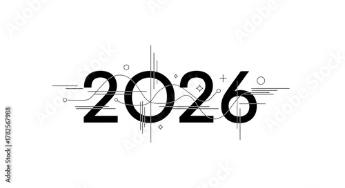 The year 2026 represented in bold black numbers with abstract lines and geometric shapes