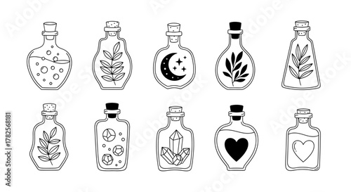 Ten Hand-Drawn Magical Potion Bottles with Unique Contents and Designs