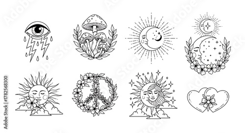 Celestial and Floral Line Art Designs: Sun, Moon, Mushrooms, and Peace Symbol