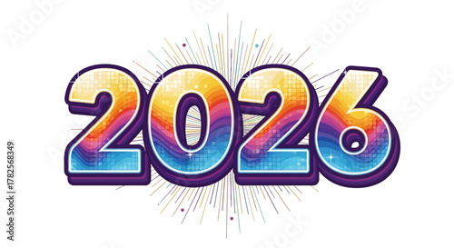 The year 2026 in bold, vibrant letters with colorful explosion fireworks and purple outline