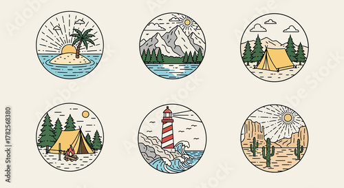 Six Circular Nature Icons: Island, Mountains, Camping, Lighthouse, Desert