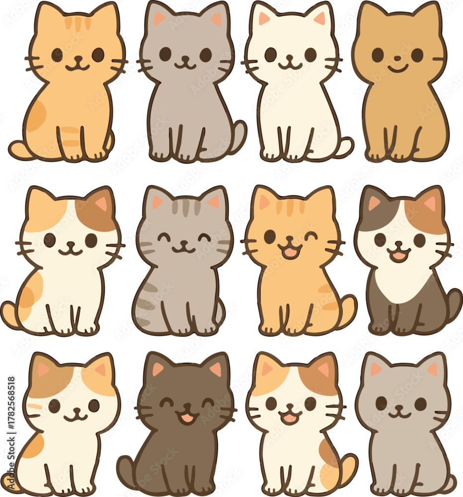 Fototapeta premium Cute Kitten Icons Set Minimalist Kawaii Cat Illustration in Flat Design