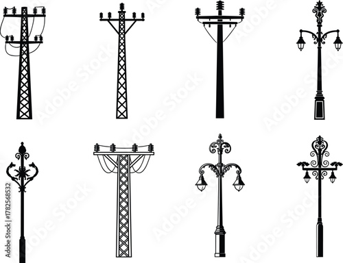 WebFlat vector silhouette set of utility poles and decorative street lamps for urban infrastructure, electricity, lighting, cityscape, illustration