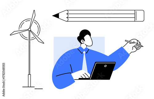 Man using laptop with hand sketching, wind turbine, and pencil highlighting creativity, clean energy, and innovation. Ideal for business, sustainability, design, teamwork technology research
