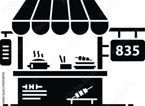 Black and white illustration of a food stall with skewers and lantern