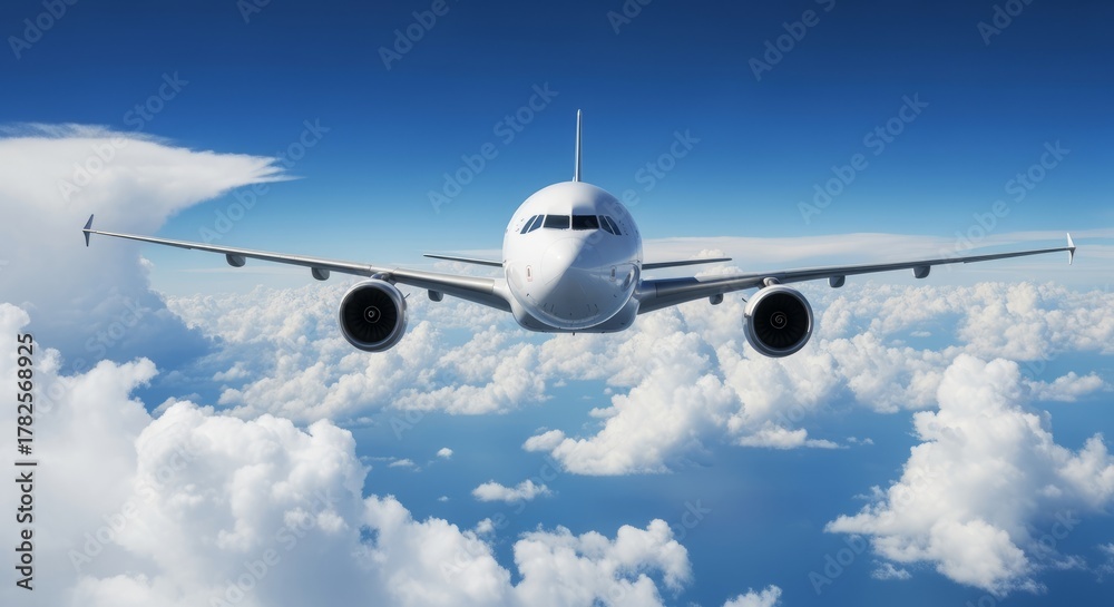 Fototapeta premium Airplane Flying Above Fluffy White Clouds Under Bright Blue Sky