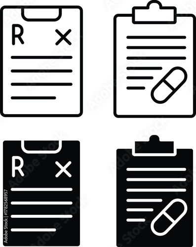 Medical Prescription Clipboard Icon. Doctor Notes, RX Symbol, and Patient Health Record or Vector Silhouette. .eps