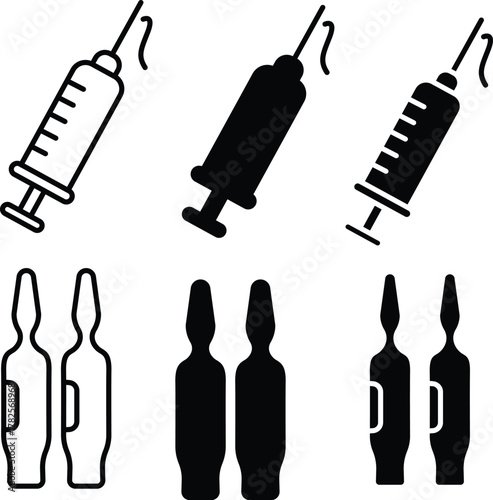 Medical Syringe and Ampoules Icon Set. Drug Dosage, Injection, and Vaccine Delivery Symbol or Vector Silhouette. .eps