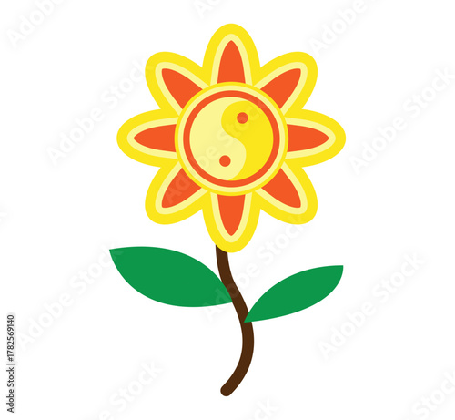 A flower with yellow petals and a yin yang symbol in the center on a white isolated background