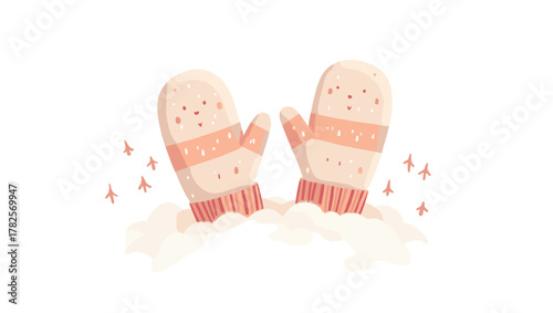Child’s mitten dropped in snow, pair of light pink wool gloves with stripes sticking from fluffy snow, cute winter childhood concept
