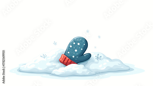 Child’s mitten dropped in snow, single blue glove with white dots lying on cold icy snow pile, winter solitude concept