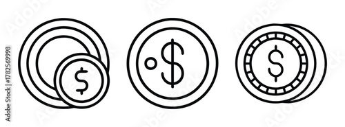 Outline drawing of gold coins with dollar sign for finance and investment concept vector illustration