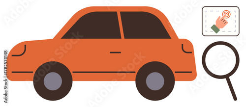 Orange car, hand tapping icon, and magnifying glass suggest vehicle selection, online car search, automotive services. Ideal for transportation, search, choice, zoom technology car rental buying
