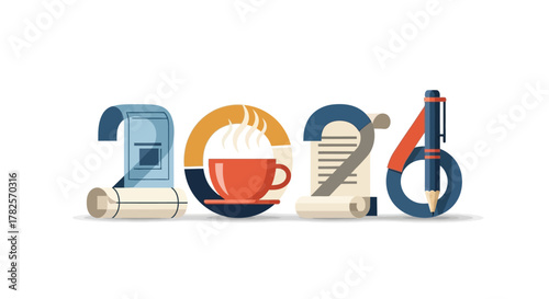 Stylized typographic representation the year 2026, incorporating elements like scroll, coffee cup, papers, and pencil