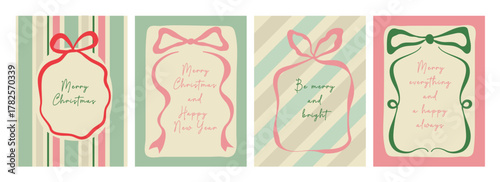 	
Hand drawn ink drawing Merry Christmas vintage card set. Xmas frames with ribbons and bows. Minimalist posters in coquette doodle style
