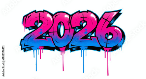 Bold graffiti style numbers 2026 with pink and blue spray paint drips