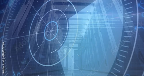 HUD radar initiating sweep, wedge sweeping over server corridor revealing racks for monitoring