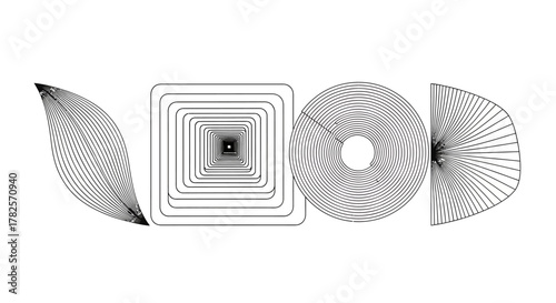 Abstract Black Line Art: Concentric Squares, Circles, and Arcs