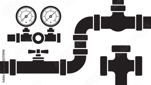Black and white illustration of plumbing components and gauges pipes valves