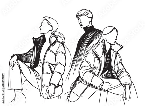 abstract line sketch fashion male in black down jacket on white background