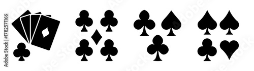 Collection of playing card suits symbols and fanned cards iconography for games and design