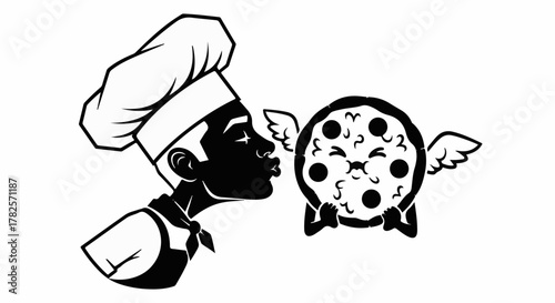 Joyful chef kisses a cute, winged pizza with a smiley face