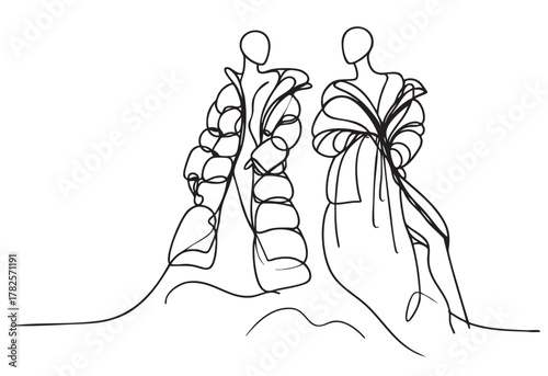 abstract line sketch fashion mannequin in black down jacket on white background