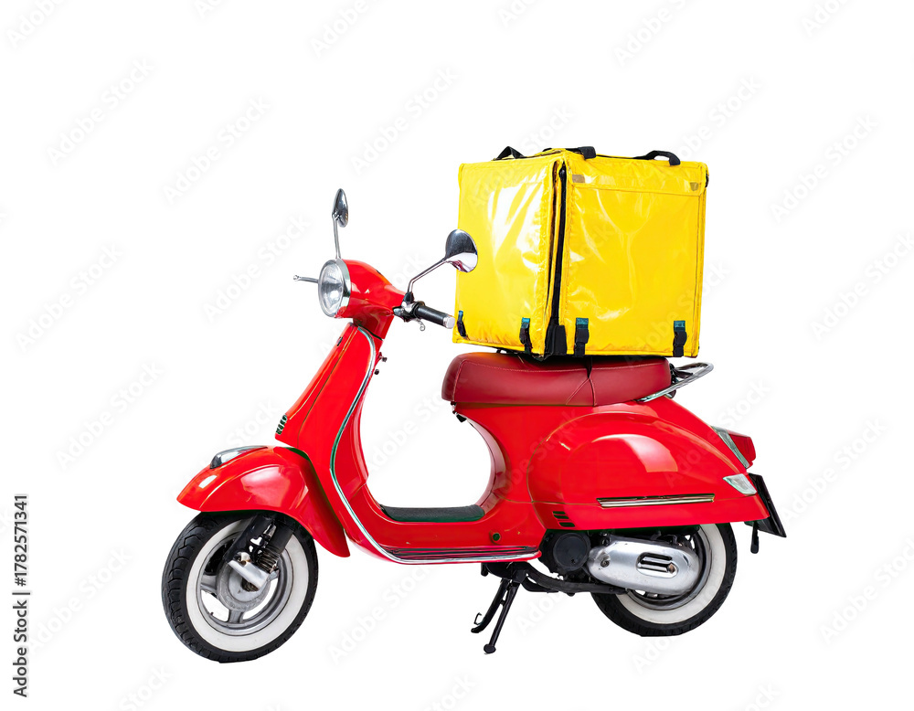 Obraz premium A vibrant red vintage scooter with a yellow delivery bag, isolated on a black background