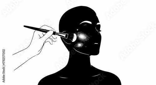 Artist applying makeup to a silhouette face, highlighting beauty and transformation